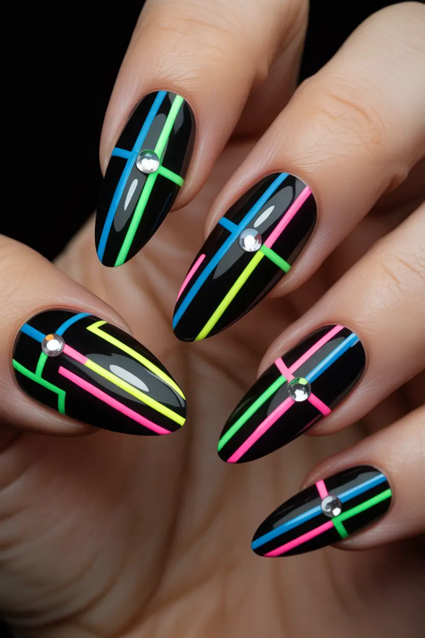 Classic black nails for 2026 Neon line art