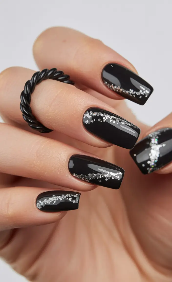 Classic black nails for 2026 Silver glitter waves