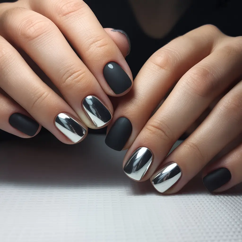 Classic black nails for 2026 Chrome accent