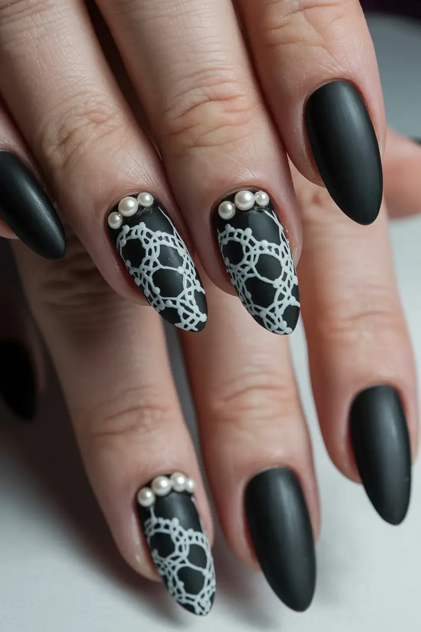 Classic black nails for 2026 Lace pearls