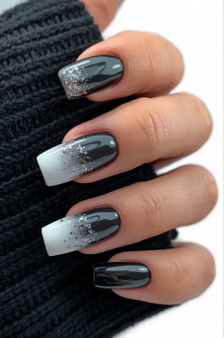 Classic black nails for 2026 Ombre silver dust