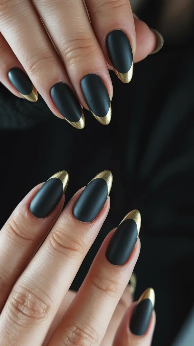 Classic black nails for 2026 Gold tips matte