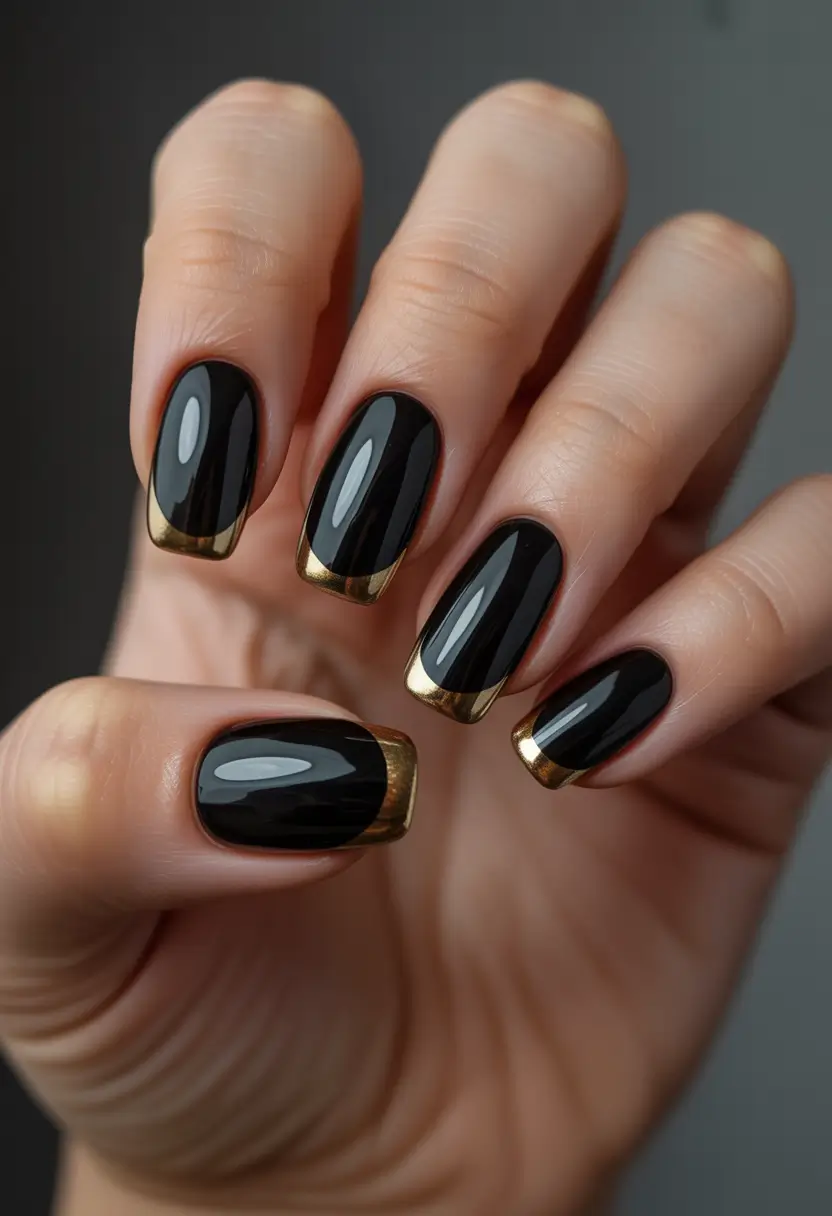 Classic black nails for 2026 Gold French tips