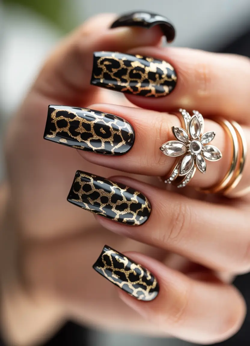 Classic black nails for 2026 Gold animal art