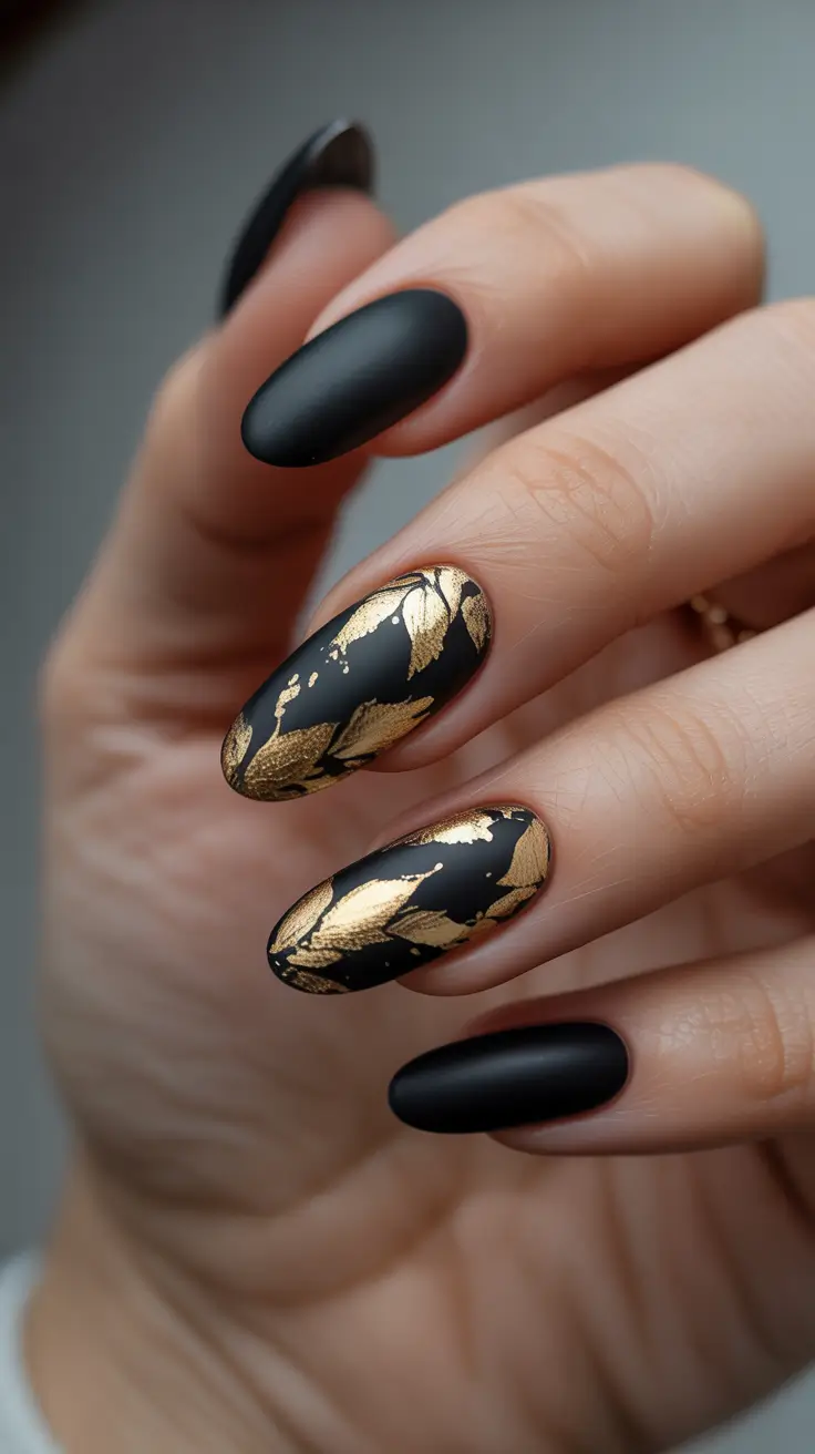 Classic black nails for 2026 Gold botanical art