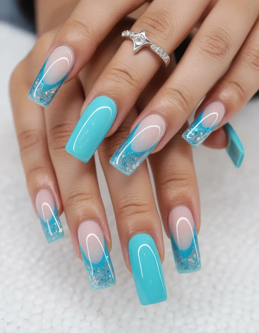 Classic French nails 2026 Blue Mix