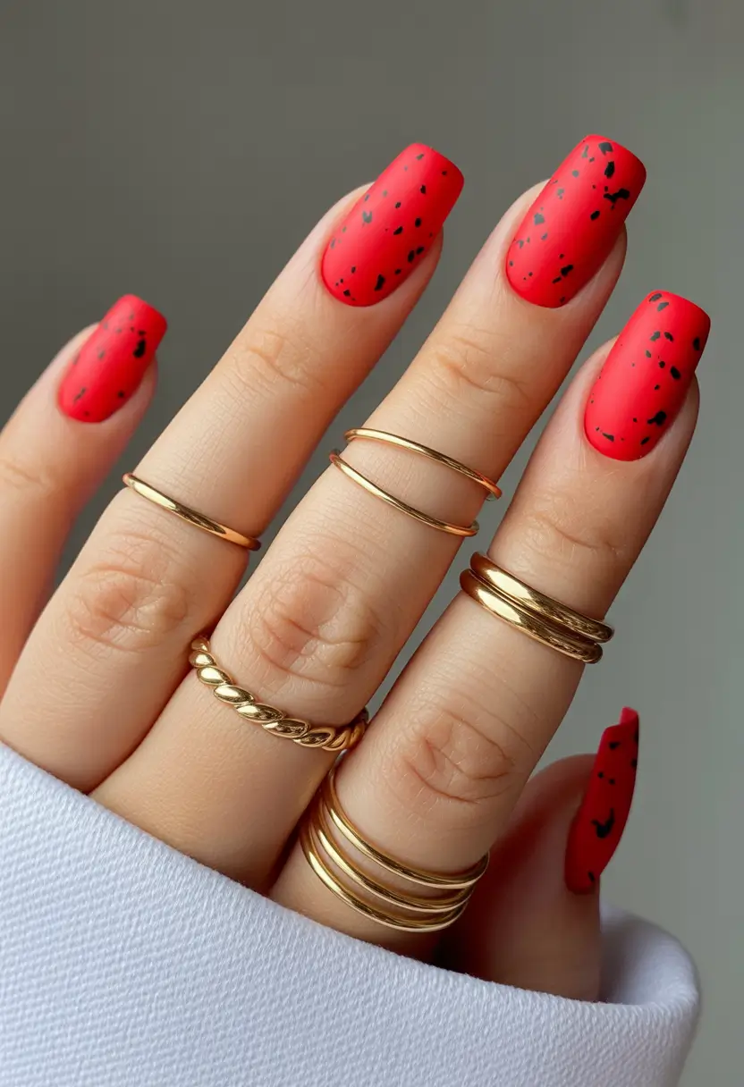 Classic red nails 2026 Matte red with black speckles
