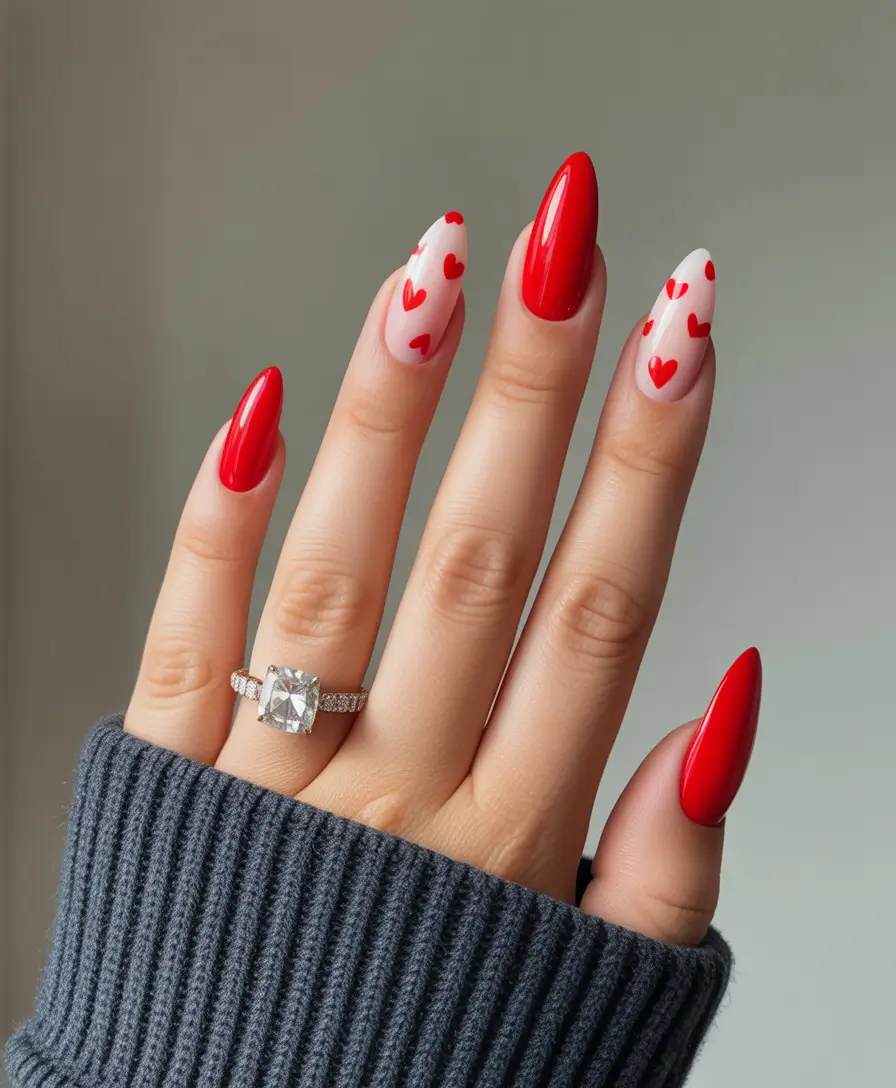 Classic red nails 2026 Red almond with hearts