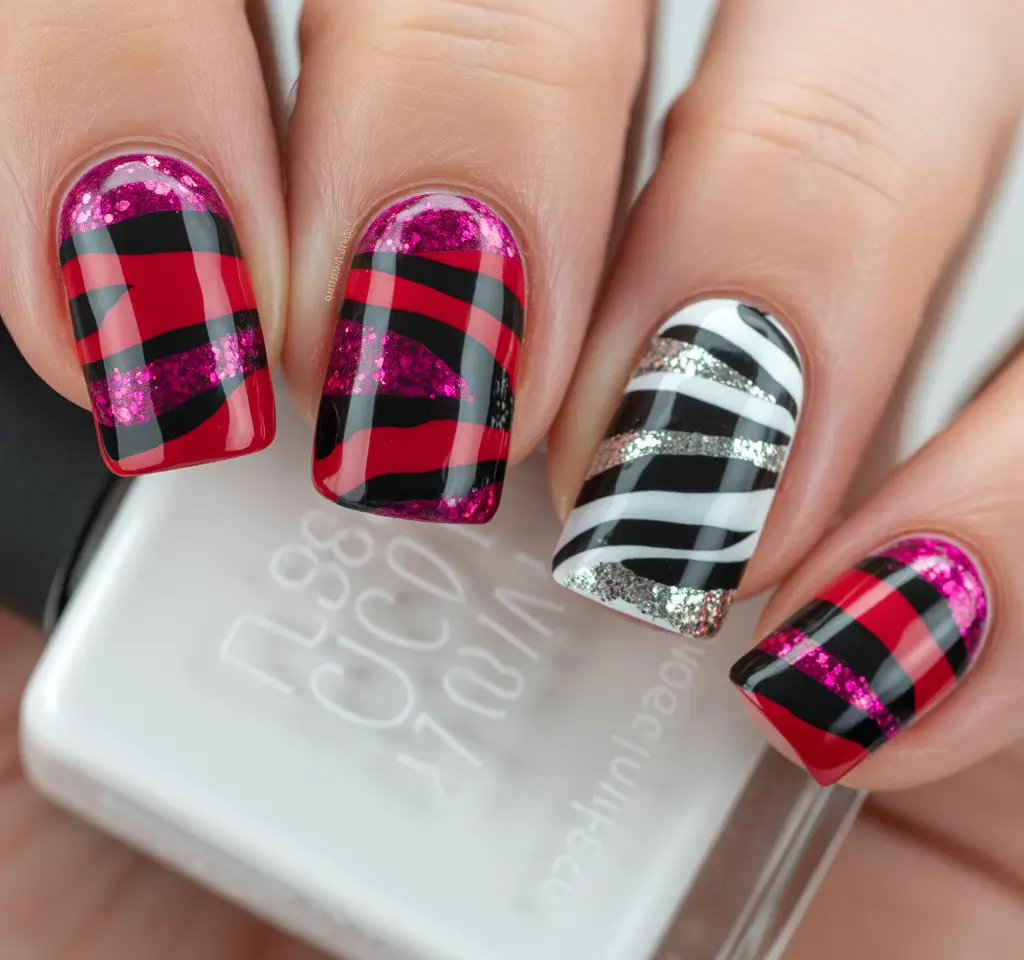 Classic red nails 2026 Plaid red glitter design