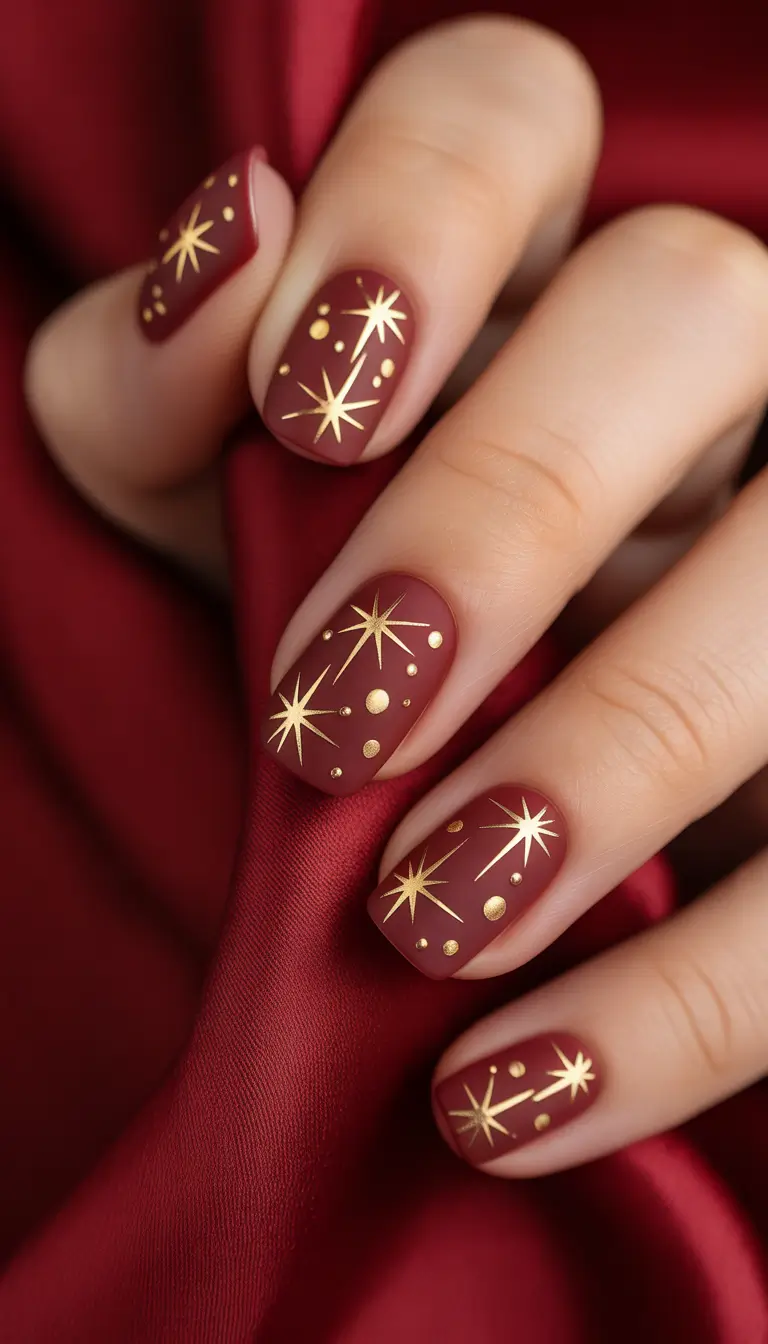 Classic red nails 2026 Brown red with gold stars