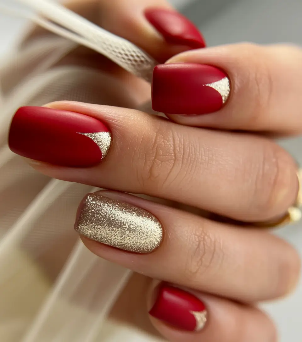Classic red nails 2026 Matte red with gold accents