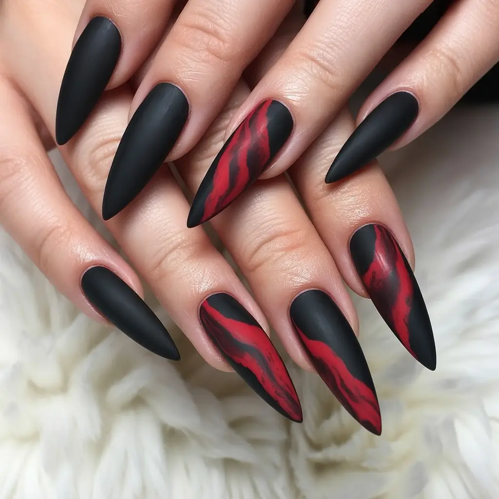 Classic red nails 2026 Matte black and red abstract
