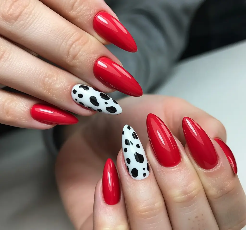 Classic red nails 2026 Almond red with white accent