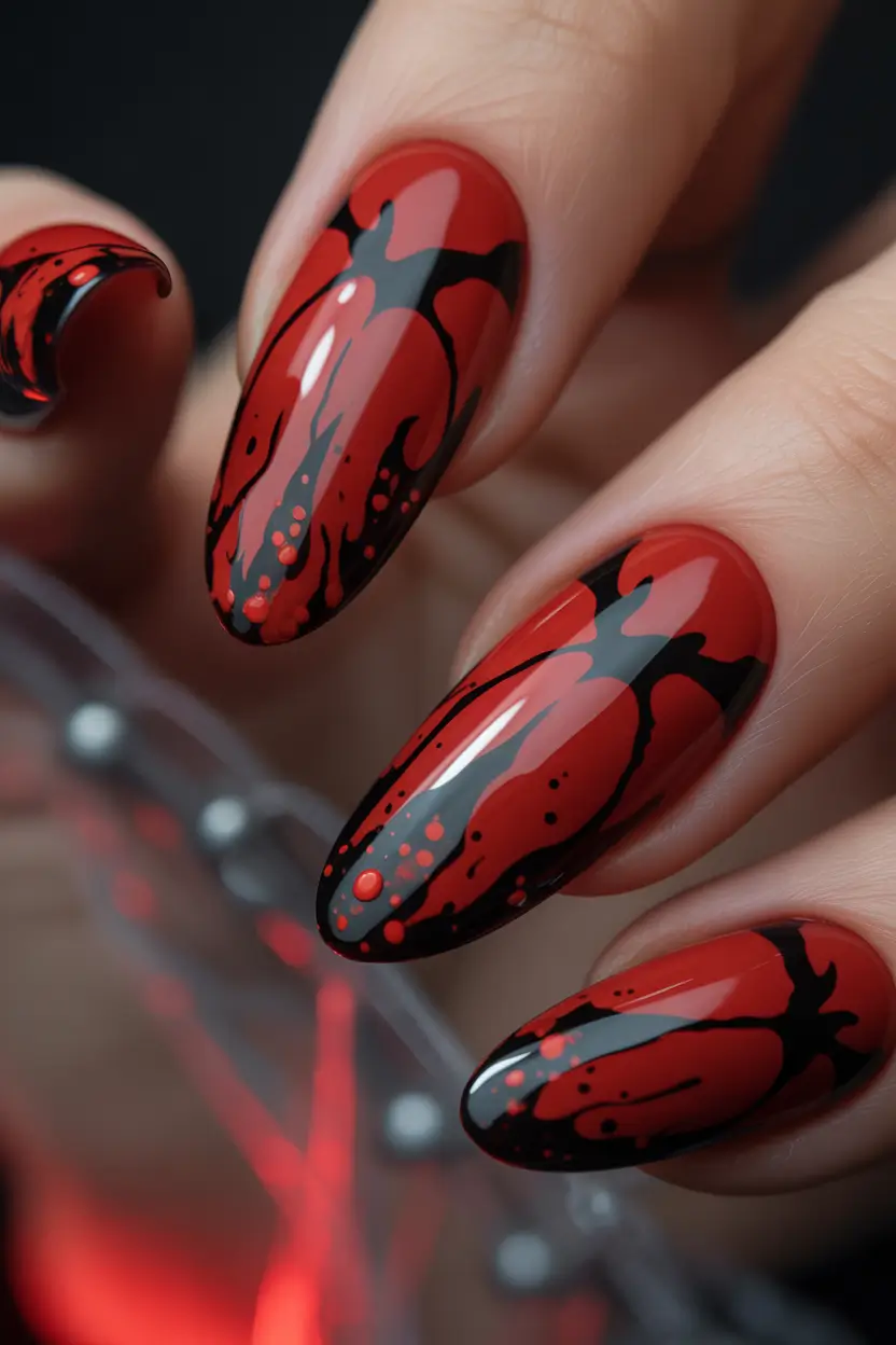 Classic red nails 2026 Abstract red and black design