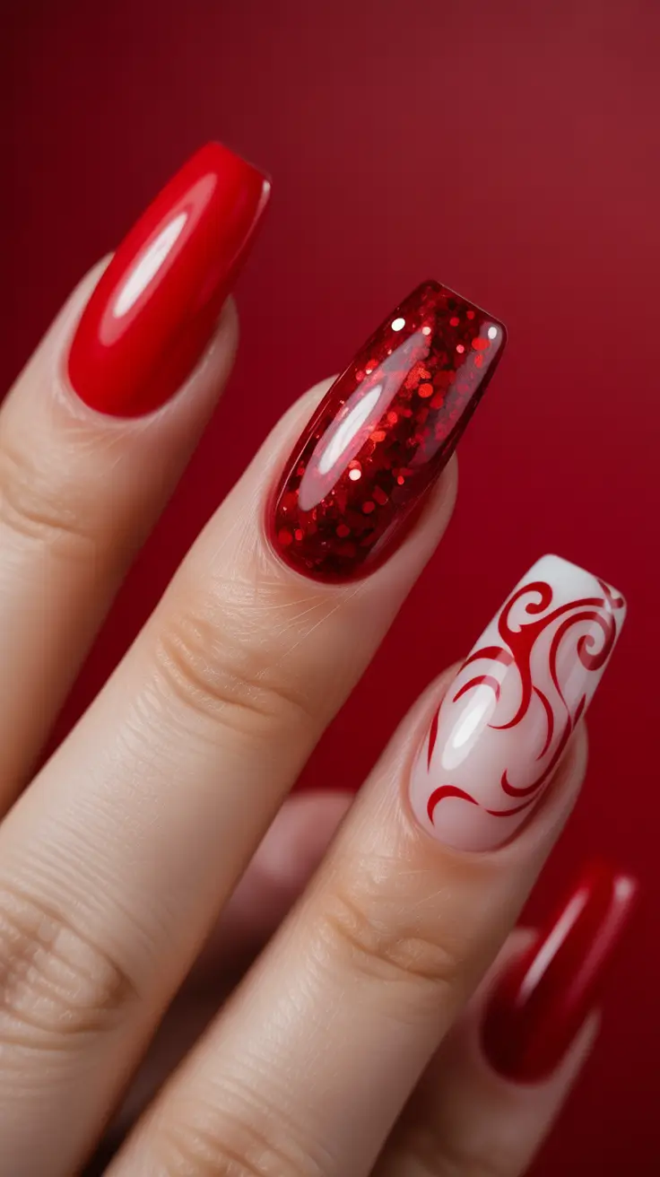Classic red nails 2026 Red with white graphic art