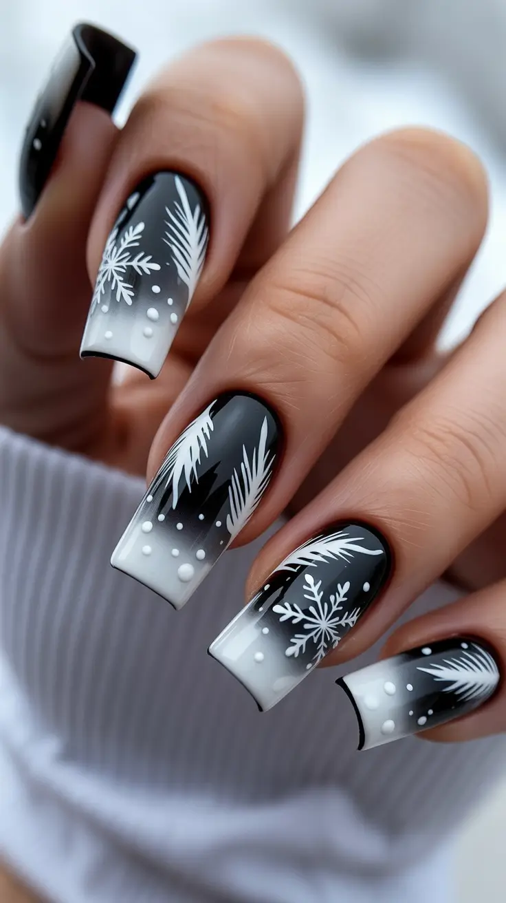 Classy elegant nails 2026 Black white botanical