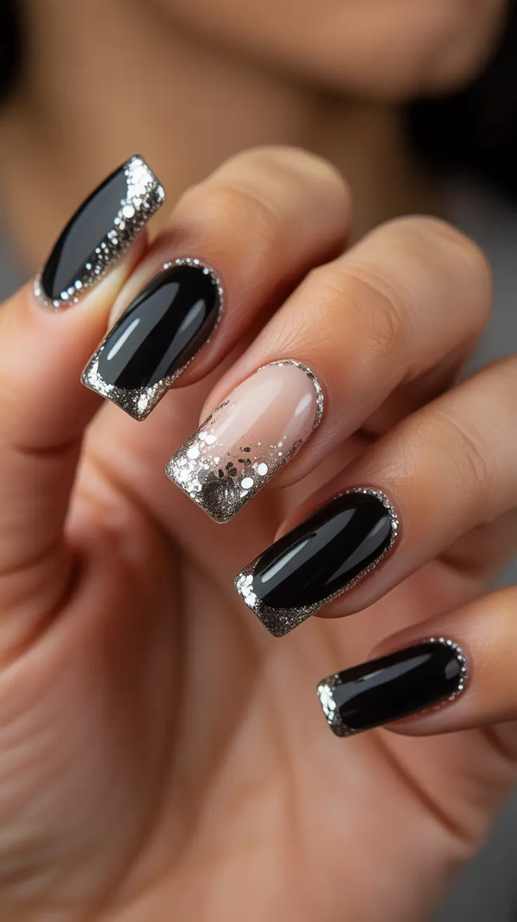 Classy elegant nails 2026 Black nude glitter