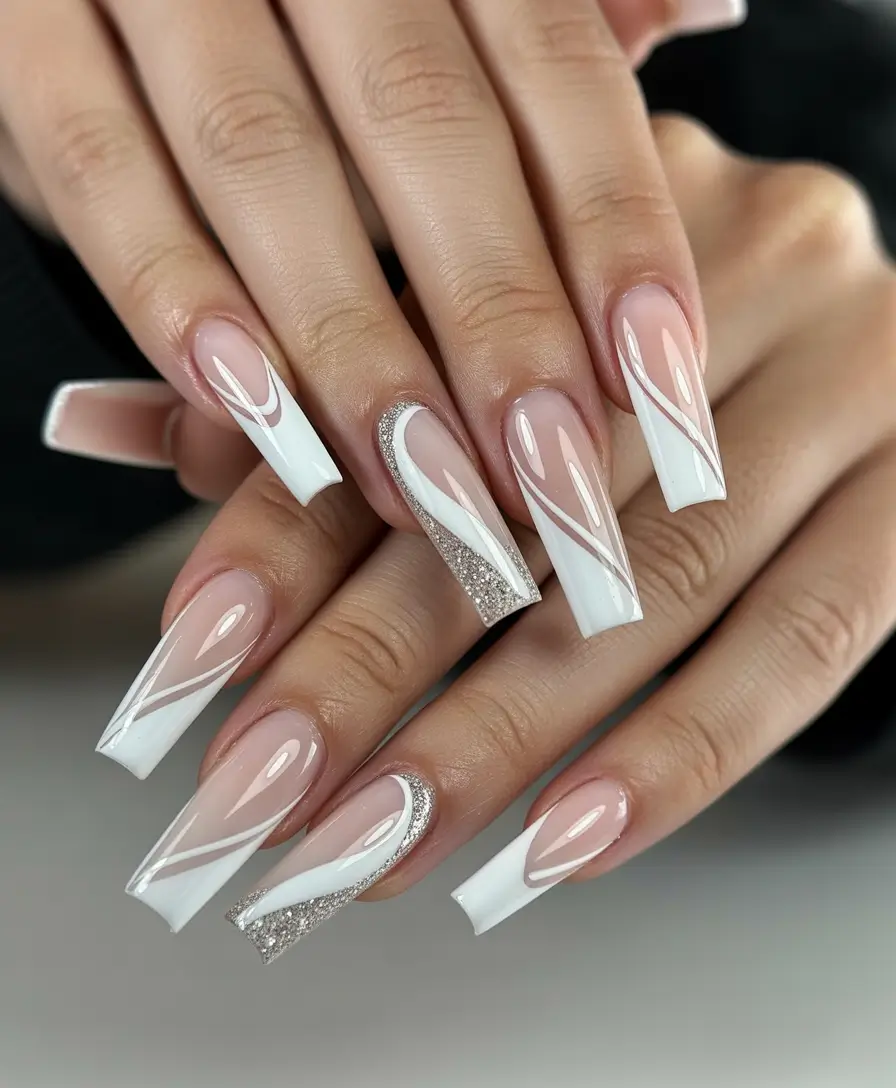 coffin-nails-inspiration-2026-Soft-White-Swirls-With-Silver-Glow