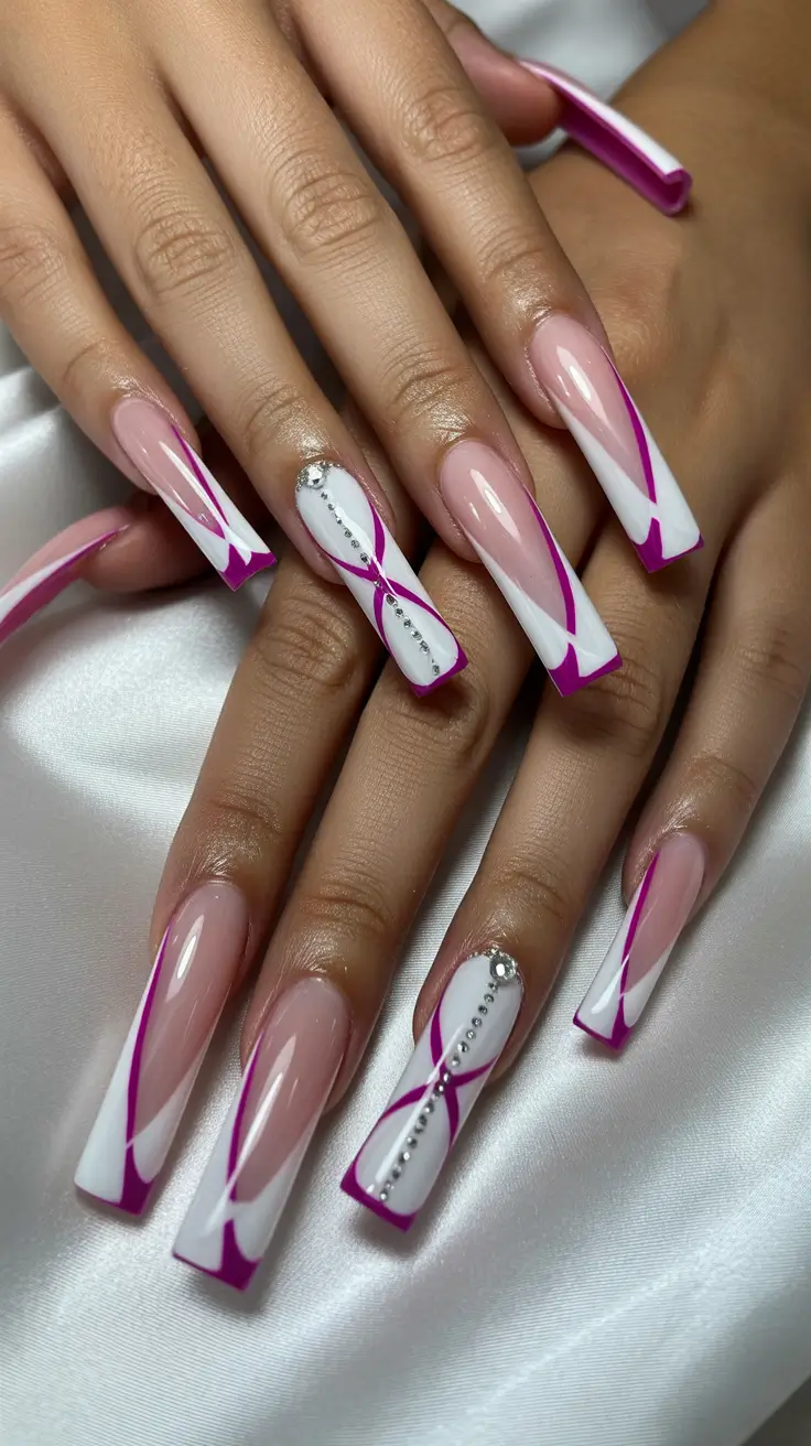 coffin-nails-inspiration-2026-Vivid-Pink-Ribbon-Stripes-With-Crystal-Line-Accents