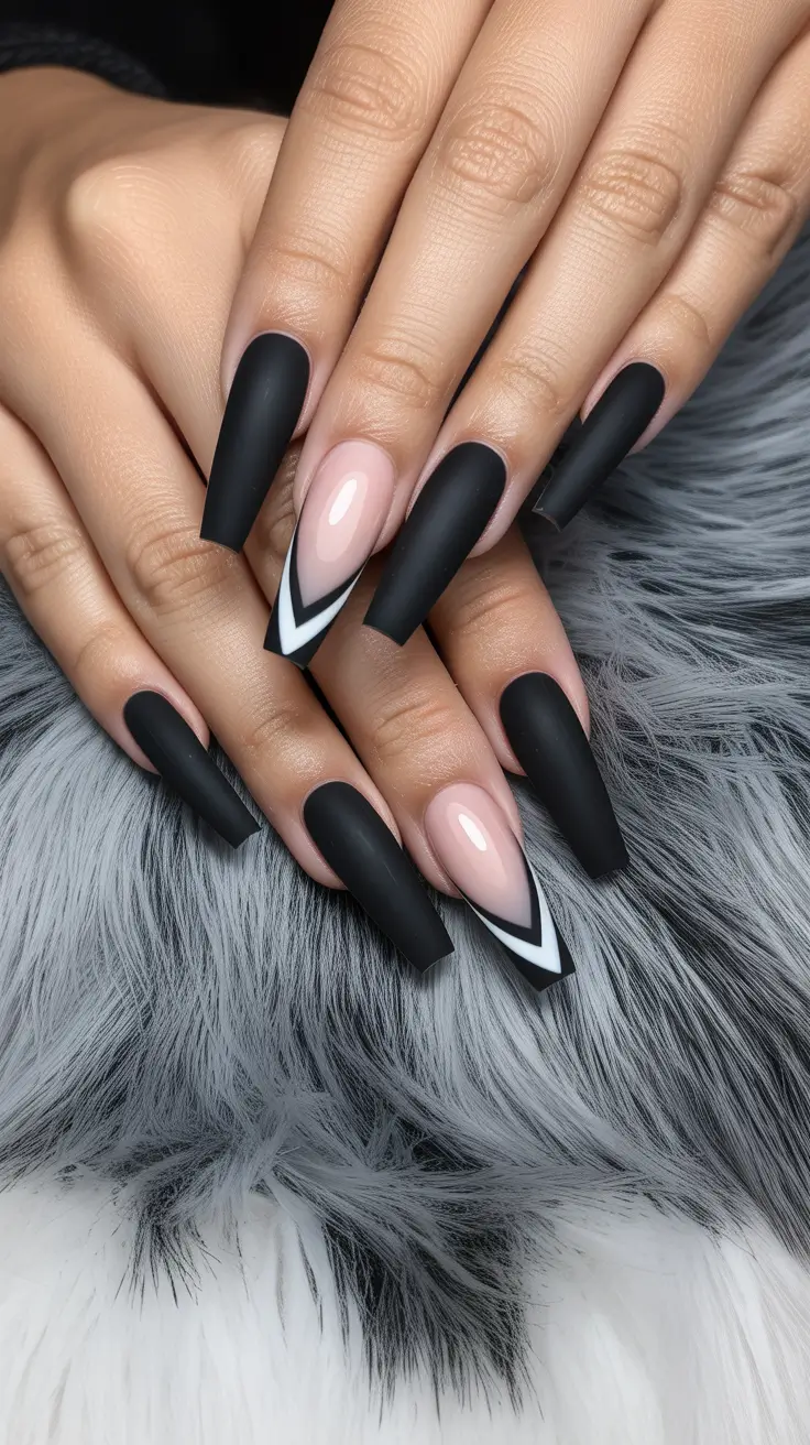 coffin-nails-inspiration-2026-Matte-Black-Coffins-With-Sharp-Chevron-French