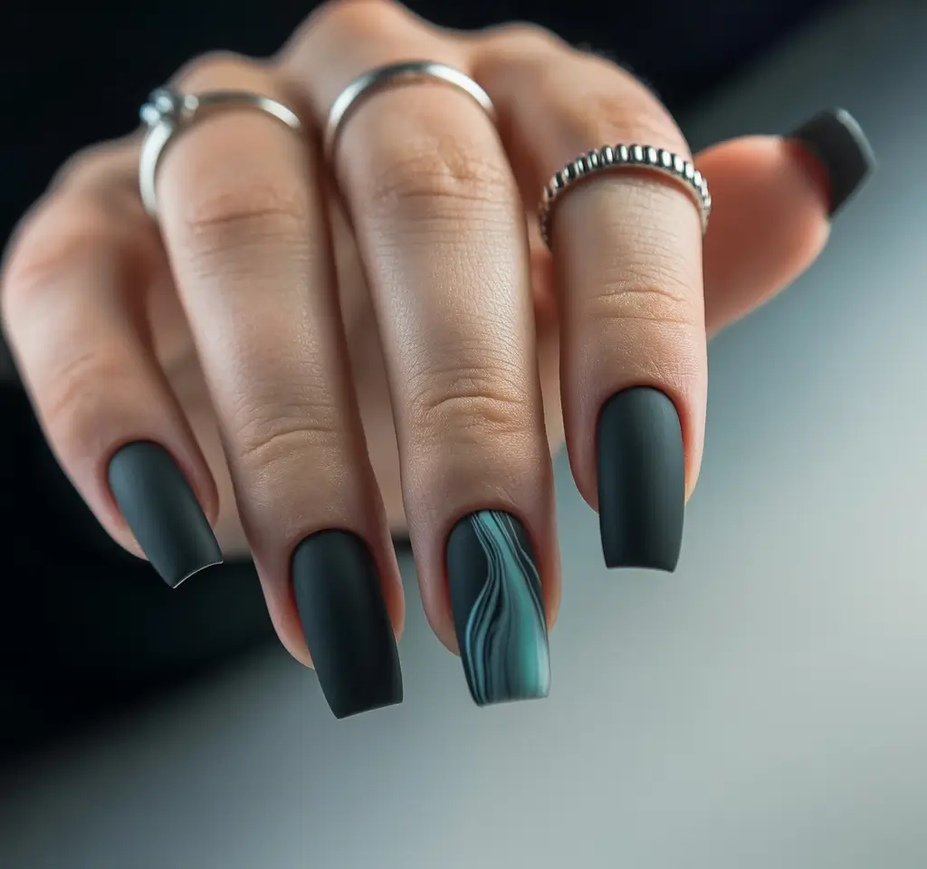 Creative nails inspo 2026 Matte Black with Teal Flow