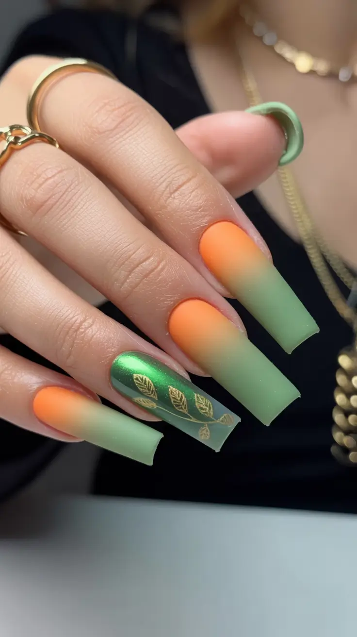 Creative nails inspo 2026 Matte Green Ombre with Gold Botanical Accent