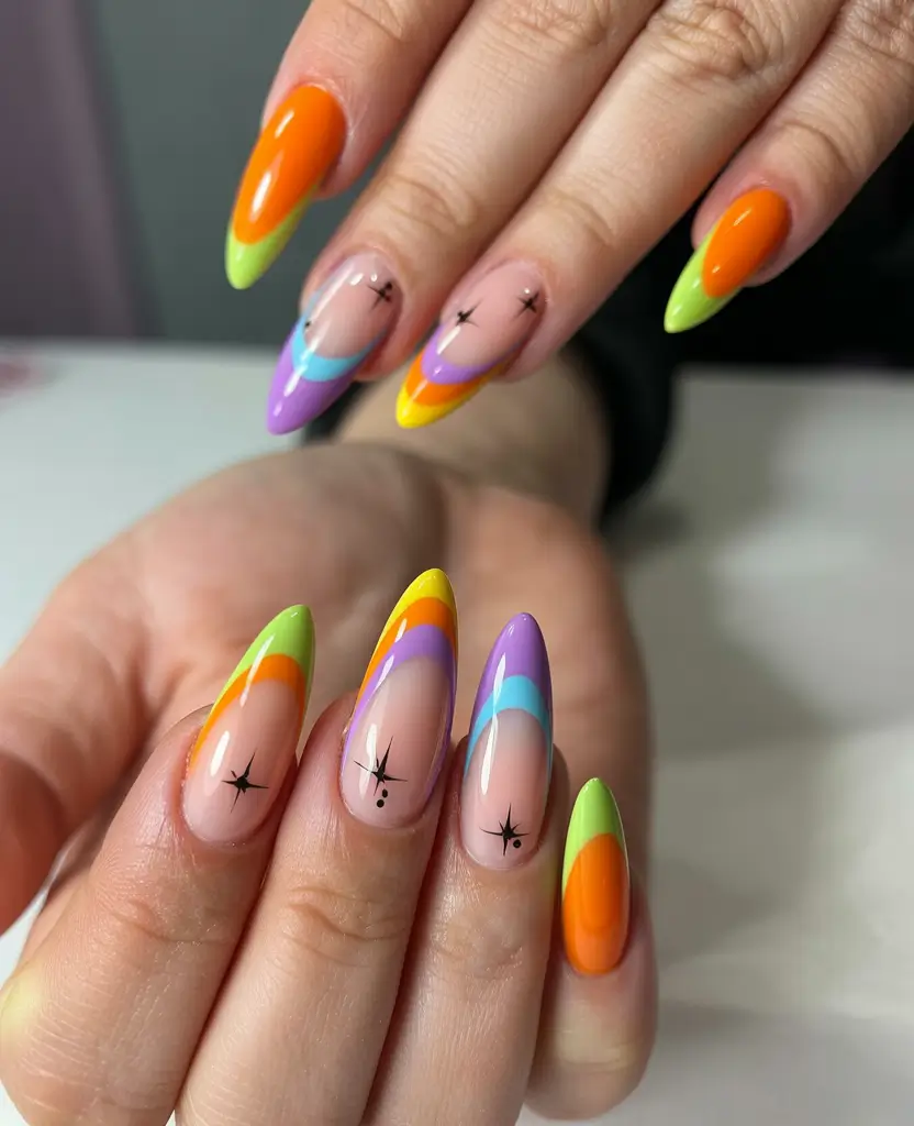 Creative nails inspo 2026 Playful Multicolor French with Graphic Stars