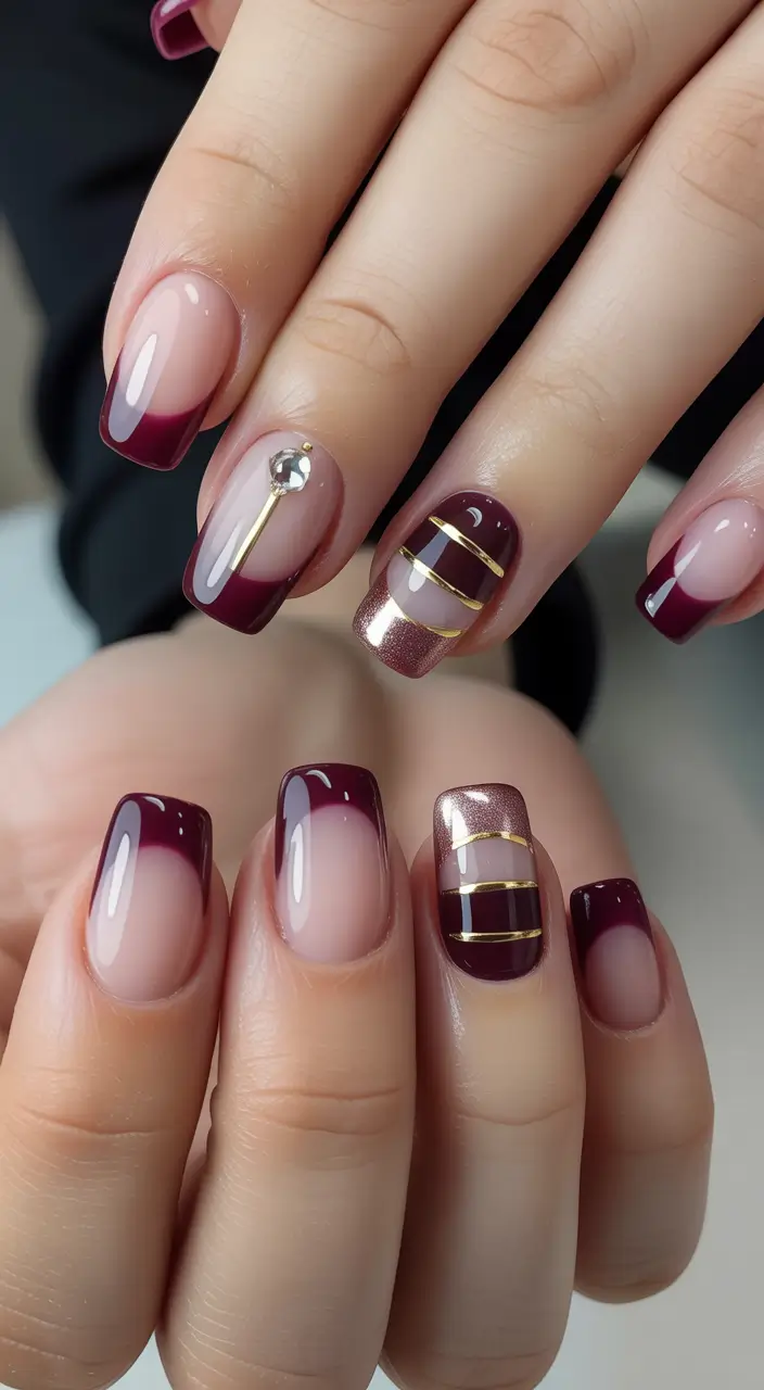 Creative nails inspo 2026 Burgundy French with Gold Linear Accents