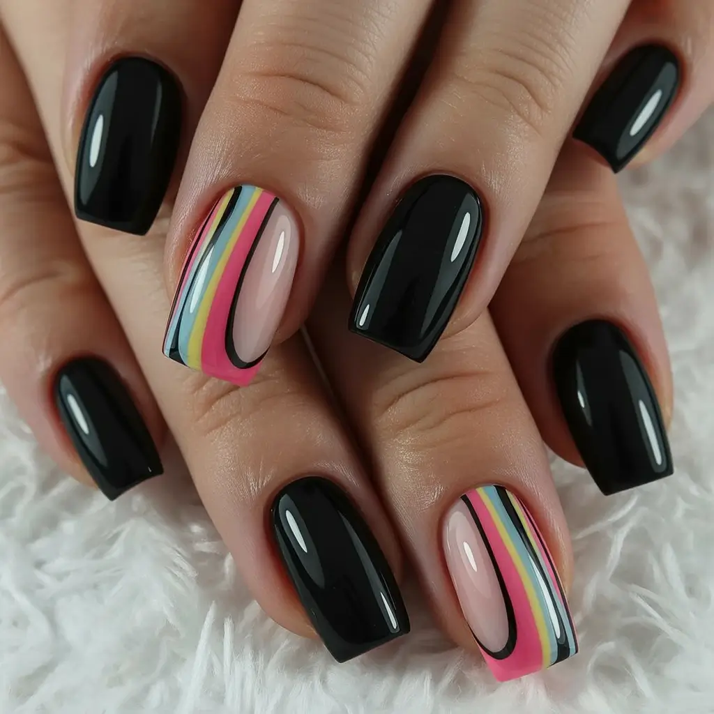 Creative nails inspo 2026 Black Gloss with Rainbow Stripe Detail
