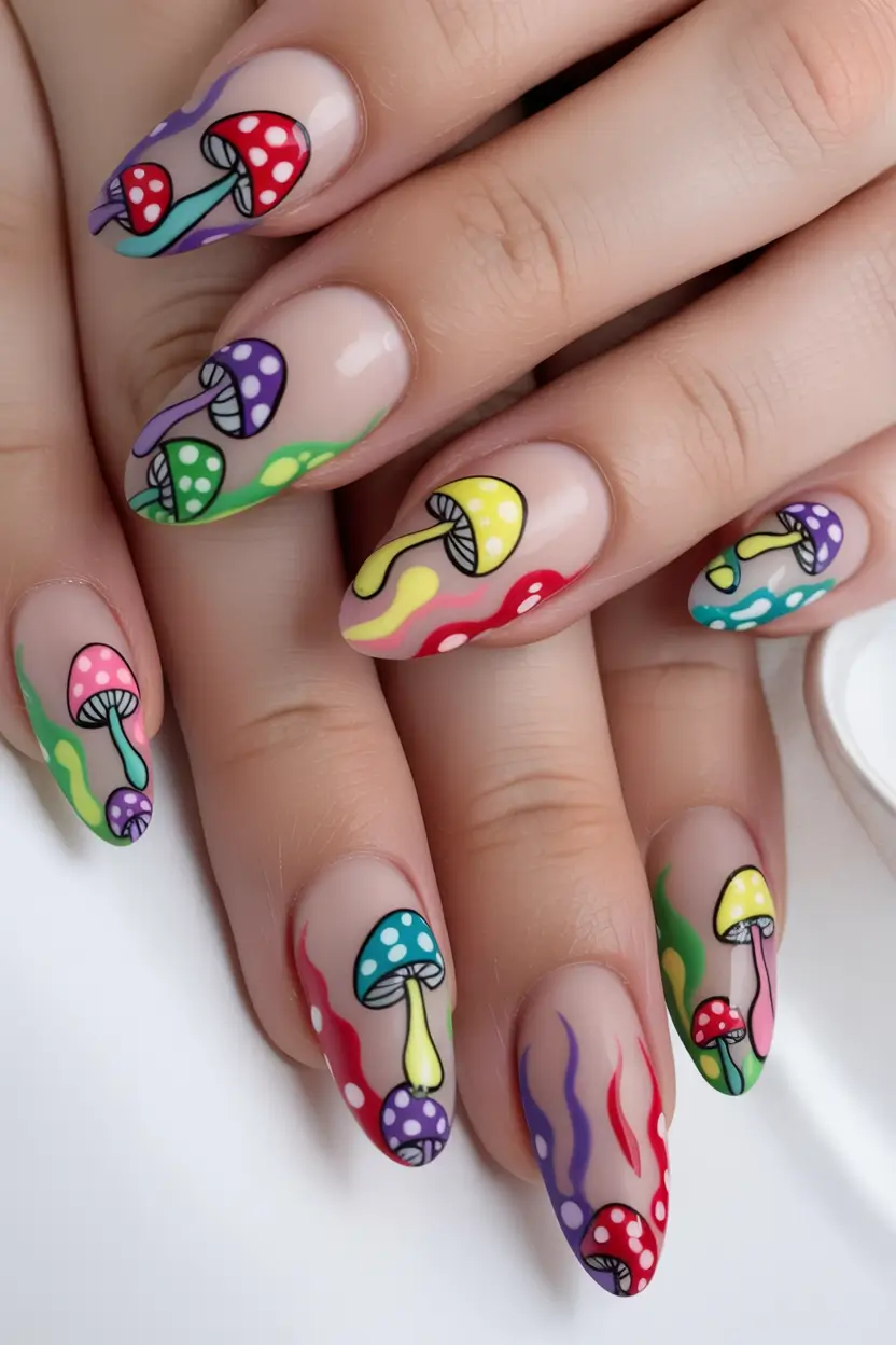 Creative nails inspo 2026 Playful Mushroom Art with Bold Color