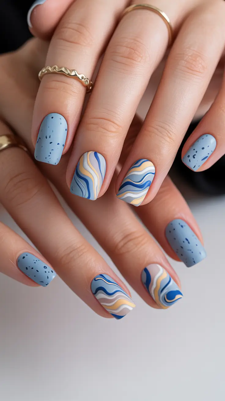 Creative nails inspo 2026 Soft Blue Waves with Speckled Texture