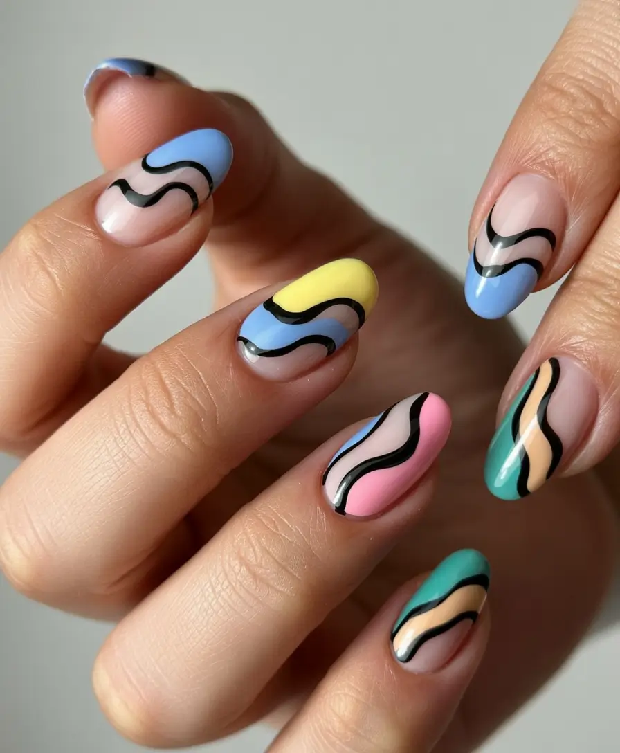 Creative nails inspo 2026 Pastel Waves with Graphic Black Accents