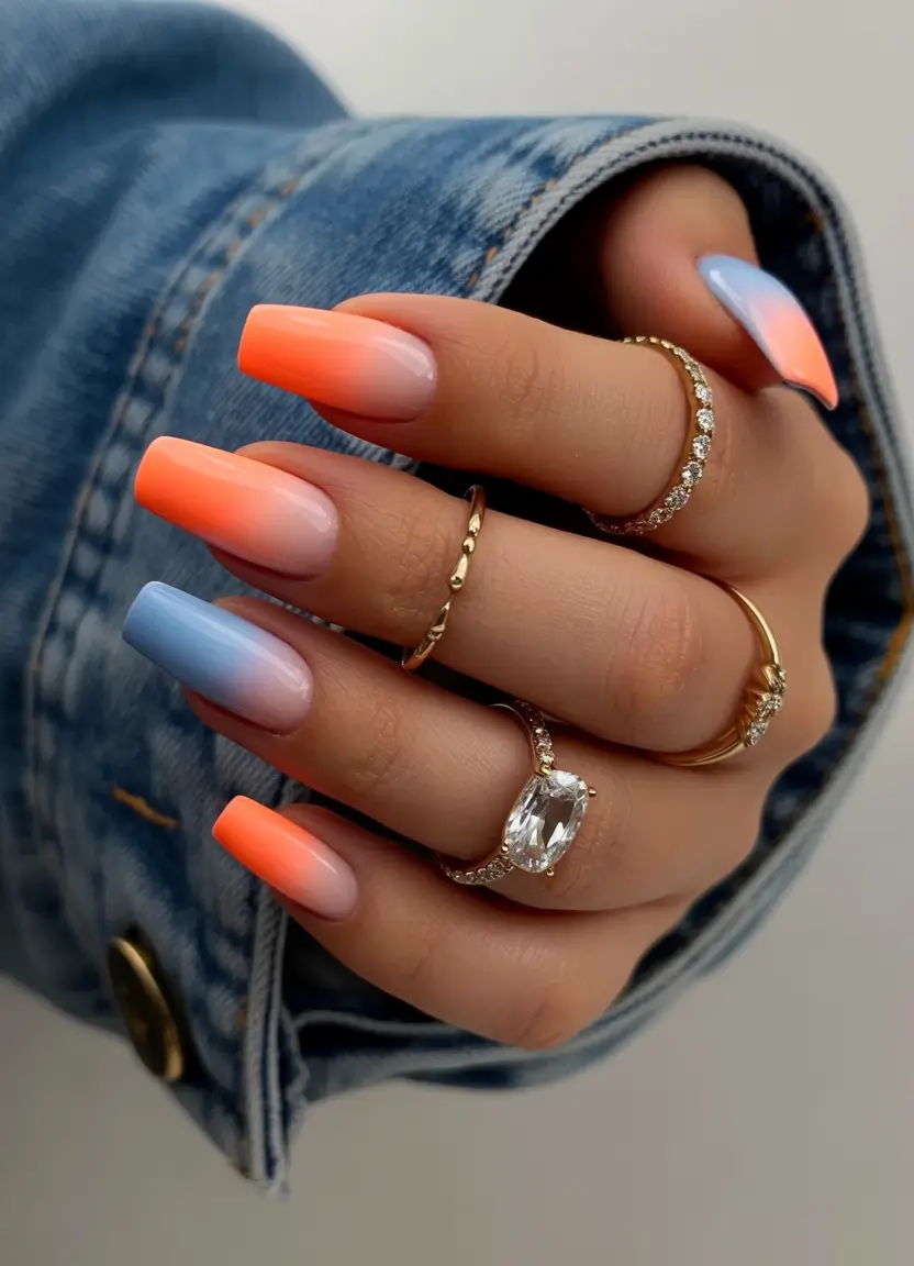 Creative nails inspo 2026 Soft Blue and Coral Ombre Elegance