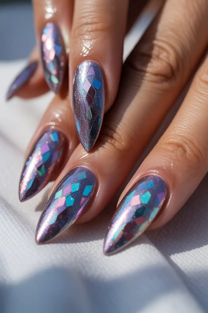Creative nails inspo 2026 Multichrome Mosaic with Sculptural Shine