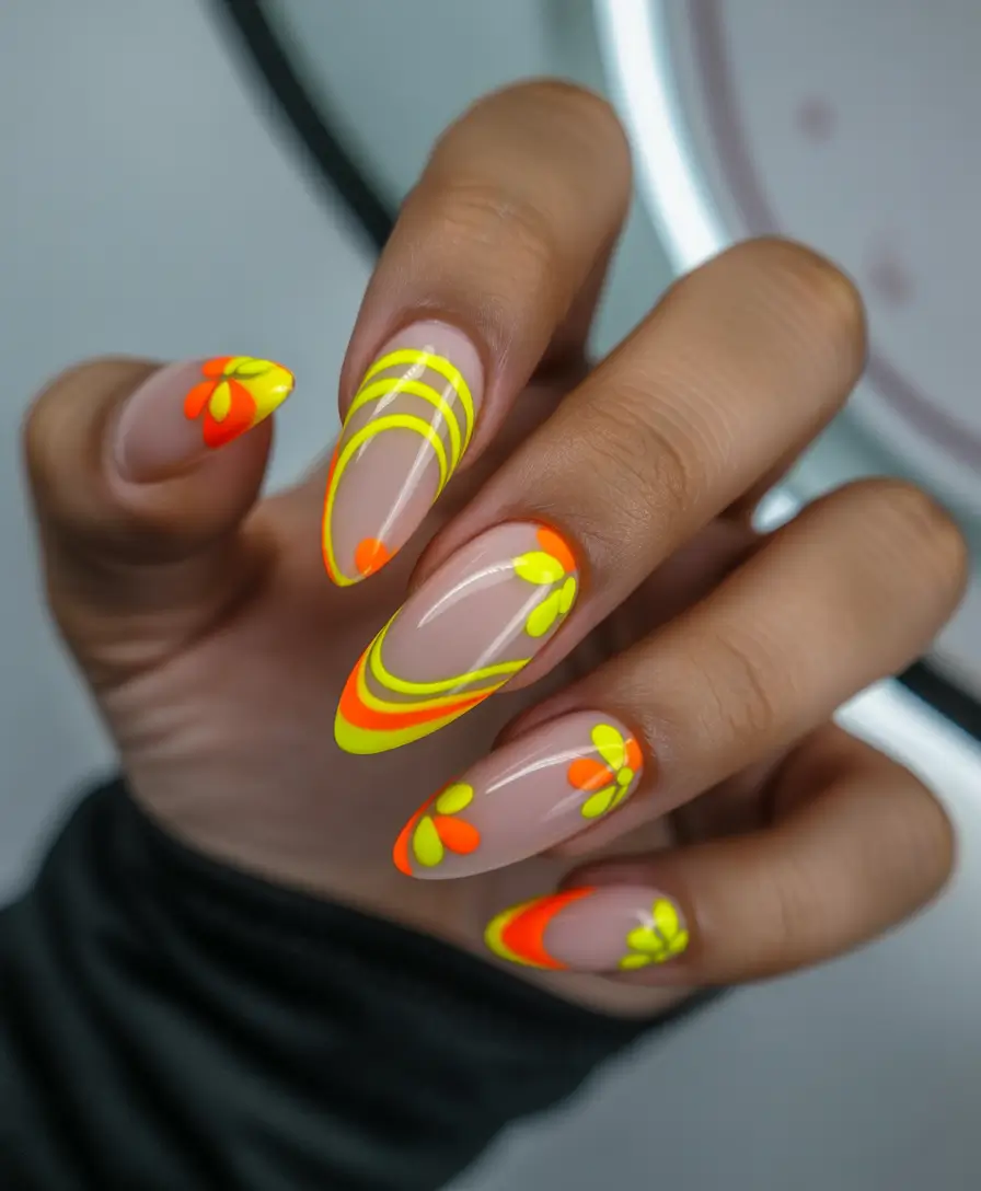Creative nails inspo 2026 Neon Floral Accents with Graphic Flow