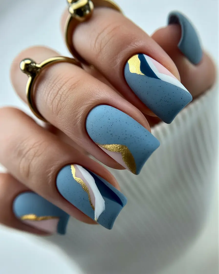 Creative nails inspo 2026 Blue Matte with Gold Accents