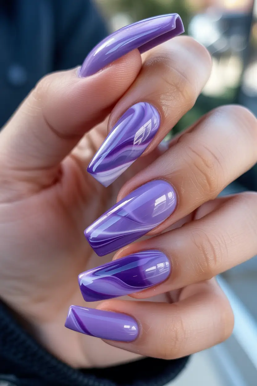 Creative nails inspo 2026 Purple Marble with Sculpted Shine