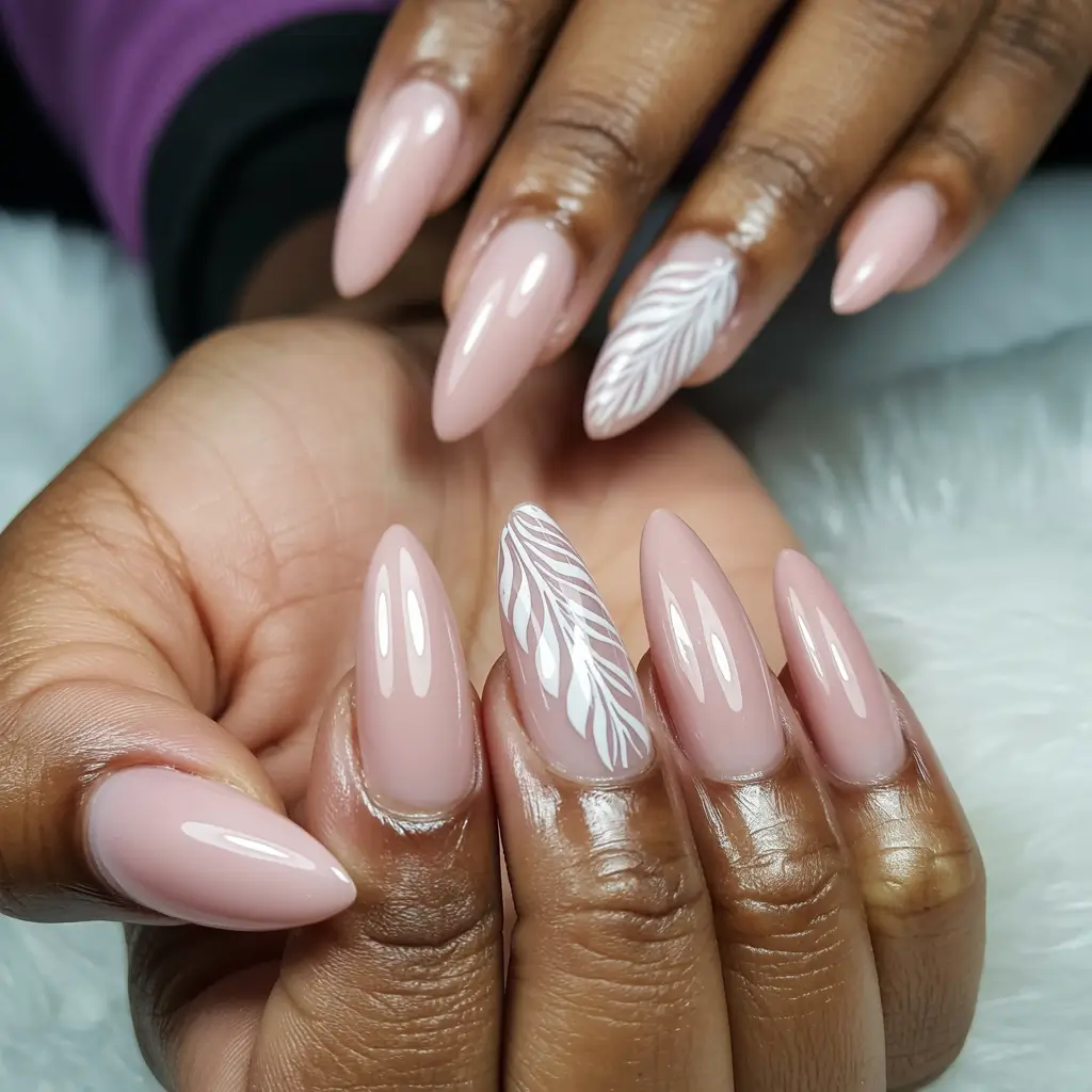 Creative nails inspo 2026 Soft Pink Almonds with White Detail