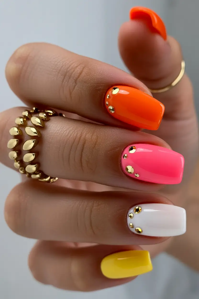 Creative nails inspo 2026 Pop Color Blocks with Gold Studs
