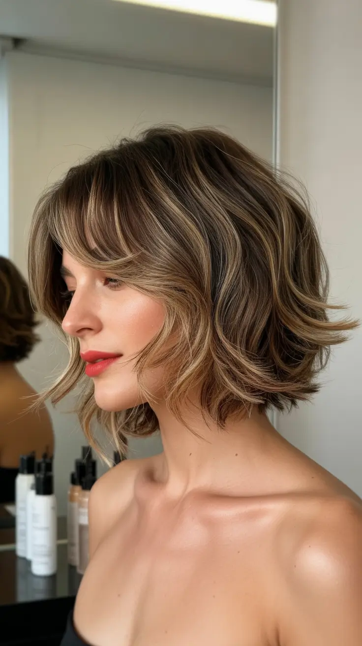 Cute choppy bob Haircuts 2026 Classic Wavy Bob With Soft Brown Highlights