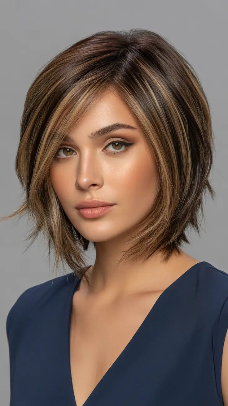 Cute choppy bob Haircuts 2026 Angled Caramel Bob With Face-Framing Layers
