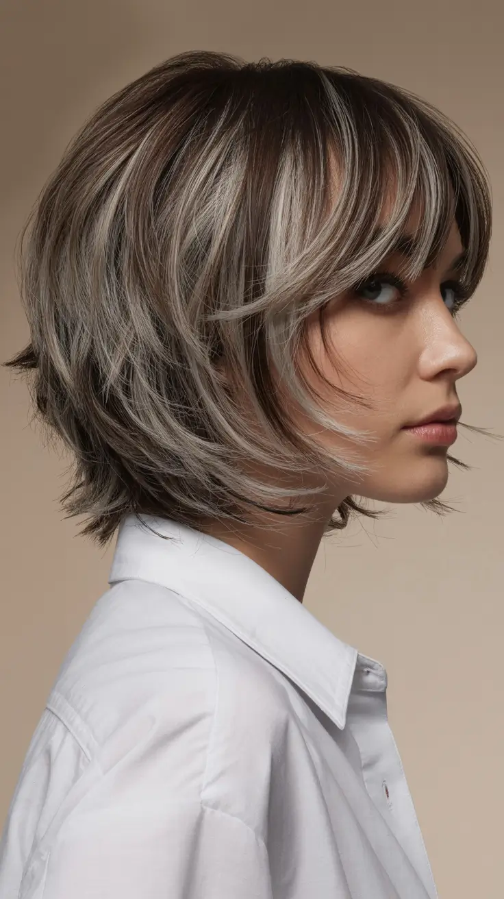 Cute choppy bob Haircuts 2026 Layered Smoky Brunette Bob With Voluminous Shape