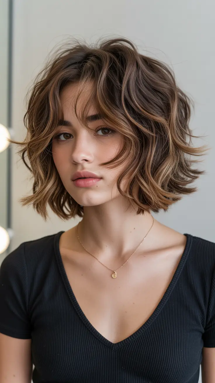 Cute choppy bob Haircuts 2026 Chocolate Balayage Bob With Soft Wavy Texture