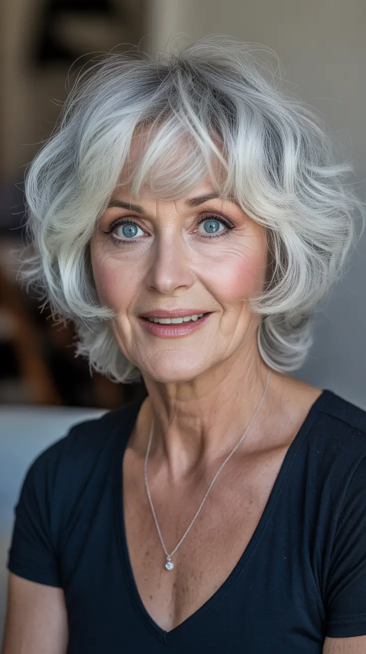 Cute choppy bob Haircuts 2026 Silver Layered Bob With Modern Waves