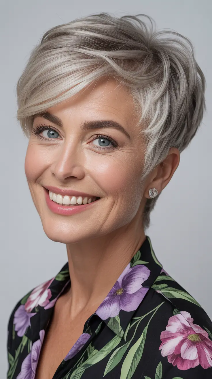 Cute short Haircuts 2026 Silver Pixie Sweep With Soft Dimensions
