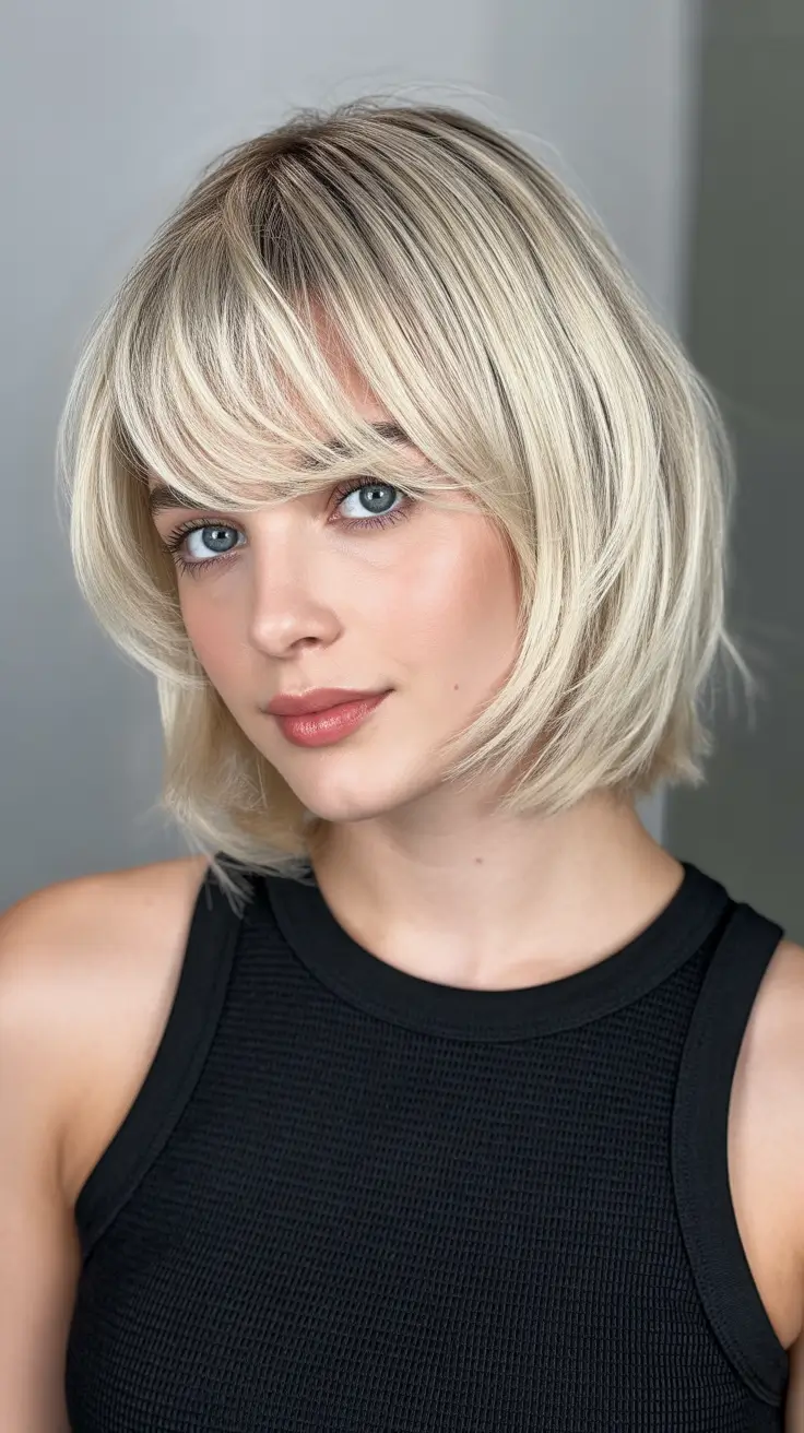Cute short Haircuts 2026 Soft Layered Blonde Bob With Tousled Bangs