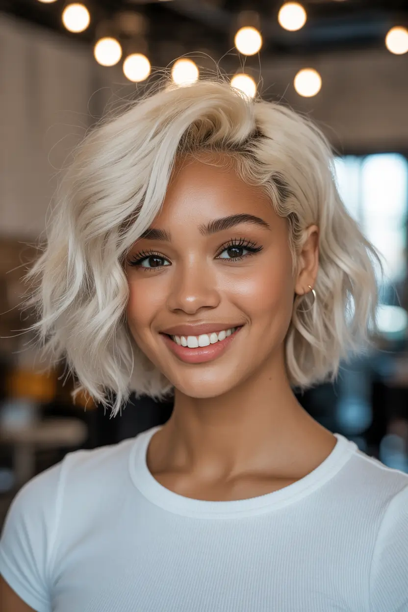Cute short Haircuts 2026 Platinum Wavy Bob With Airy Texture
