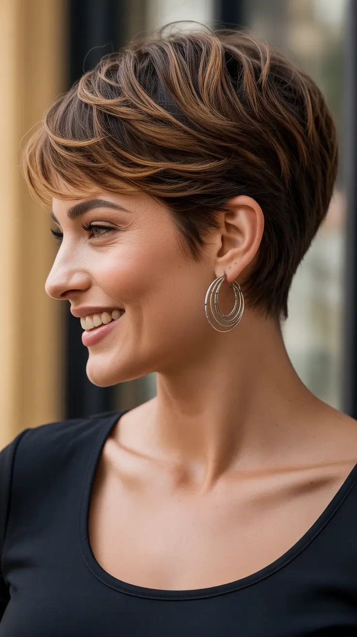 Cute short Haircuts 2026 Warm Brunette Pixie With Caramel Texture