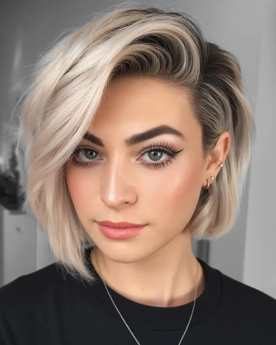 Cute short Haircuts 2026 Soft Blonde Side Swept Bob