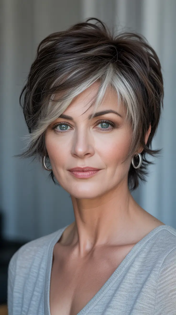 Cute short Haircuts 2026 Layered Salt and Pepper Pixie Bob With Luminous Streaks
